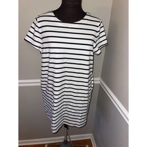 Banana Republic White Navy Stripe Dress‎ Petite L Zipper Backside Pockets